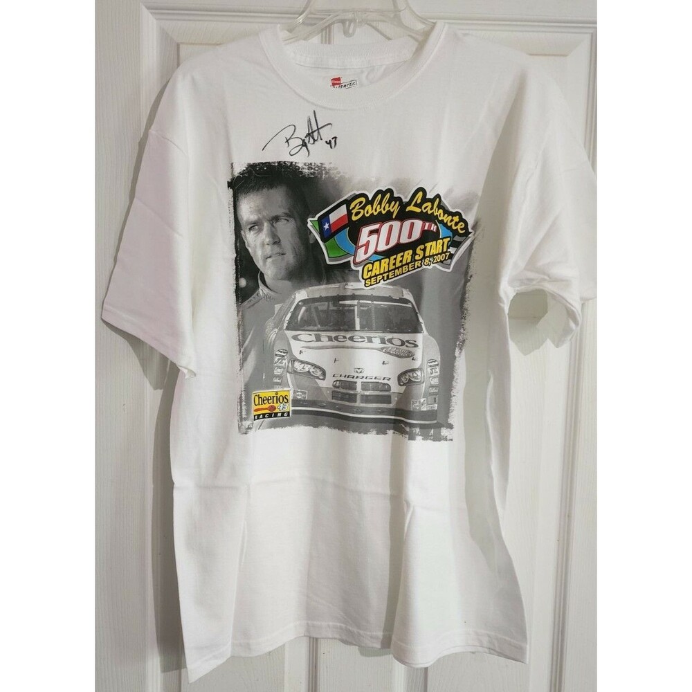 NEW Hanes Bobby Labonte NASCAR signed T Shirt Cheerios Racing 43 Graphic Tee L